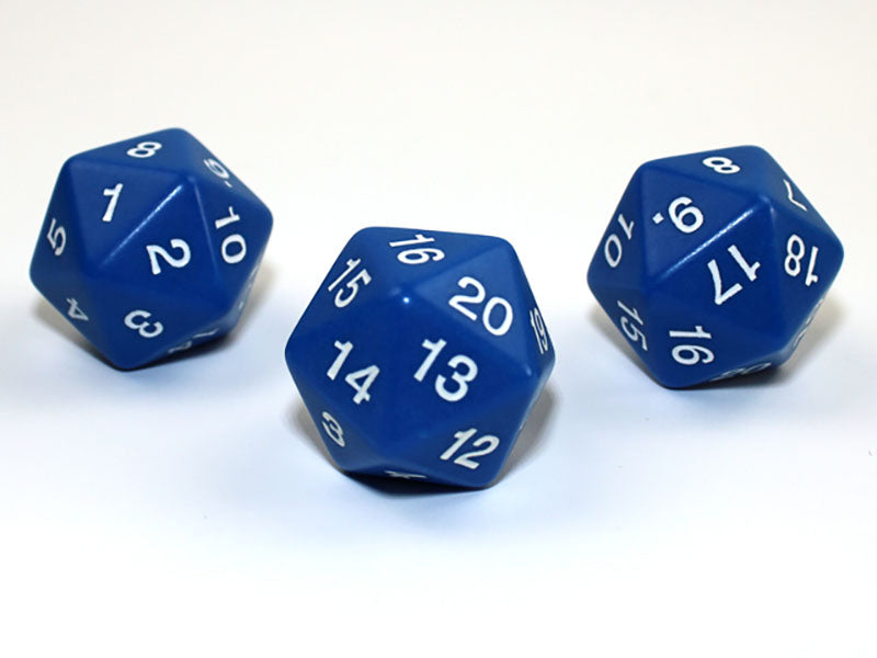 Three blue 20 sided dice with white 1 20 numbers showing on a white background