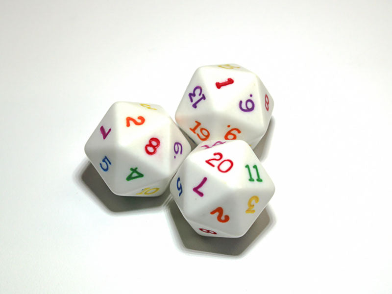 Three white 20-sided dice with rainbow numbers scattered on a white surface 