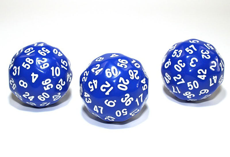 Three blue d60 dice with white numbers on a white background