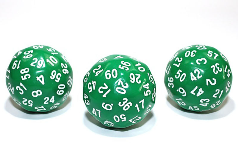 Three green d60 dice with white numbers on a white background