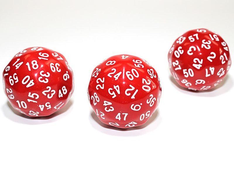 Three red d60 dice with white numbers on a white background