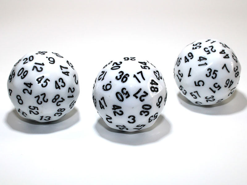 Three white d60 dice with black numbers on a white background