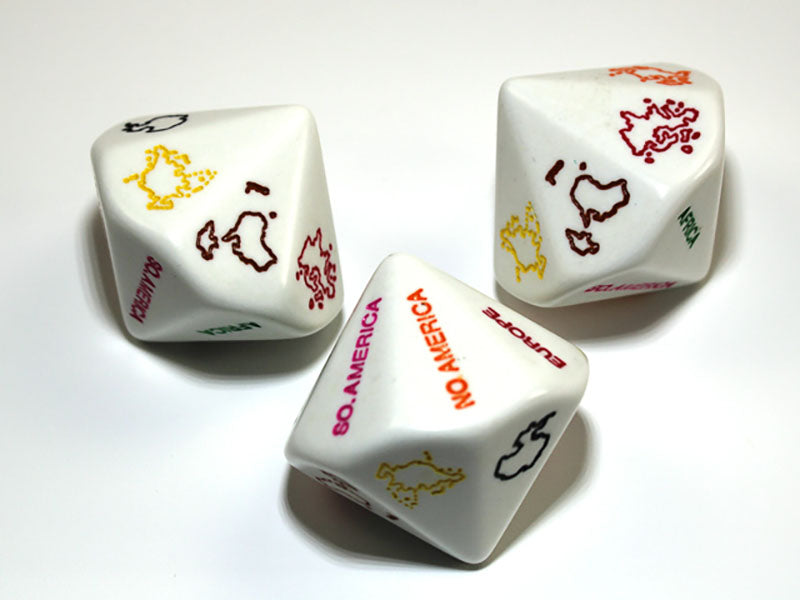 Three white, 14-sided dice displaying colorful outlines of continents like Africa, Europe, and the Americas, along with continent names, on a white background 