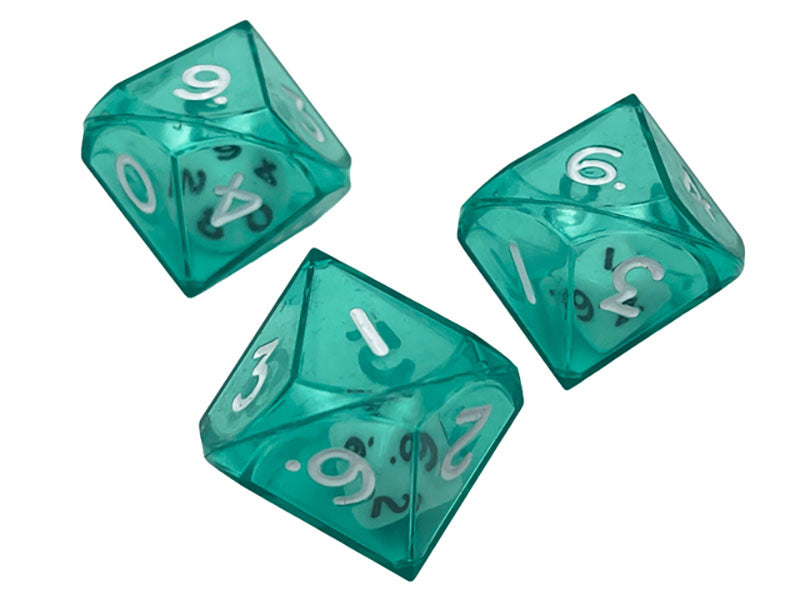Three green translucent 10 sided dice with white numbers showing on a white background