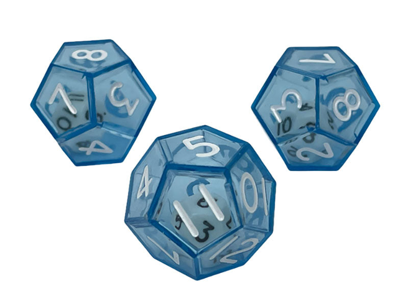 Three blue 12 double sided dice with white numbers showing on a white background