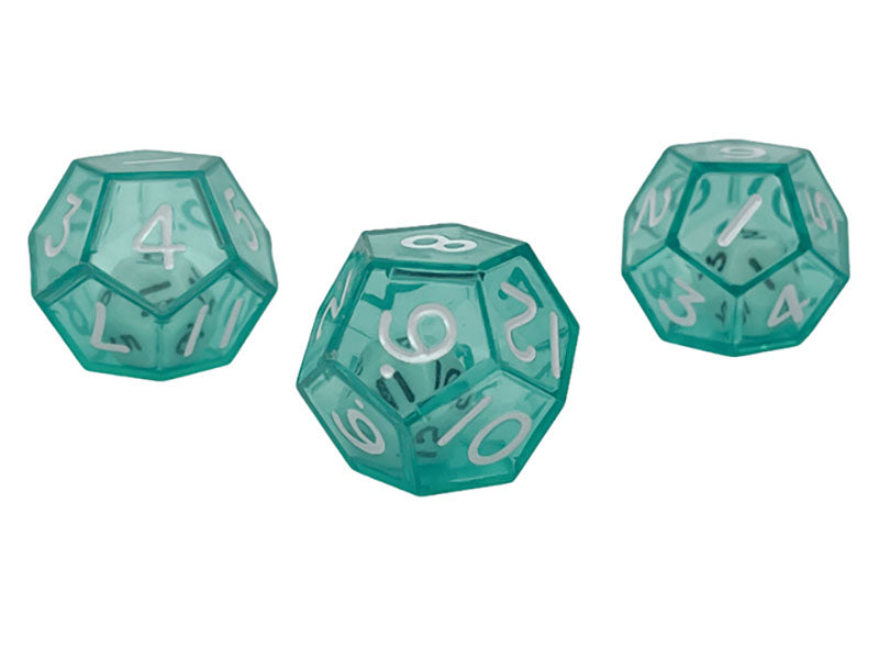Three green 12 double sided dice with white numbers showing on a white background