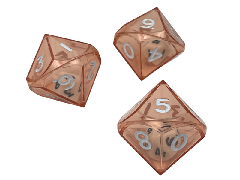 Three red translucent 10 sided dice with white numbers showing on a white background