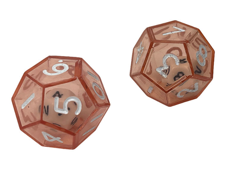 Two red 12 double sided dice with white numbers showing on a white background