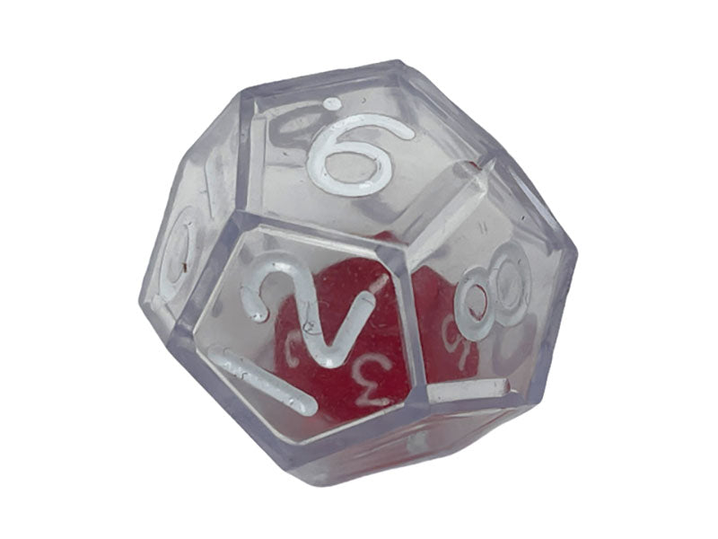 Transparent 20-sided die (d20) with a red core and white numbers 