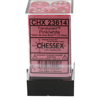 Twelve translucent pink 16mm d6 Chessex dice with white pips are visible in a clear plastic block with a pink label and black base