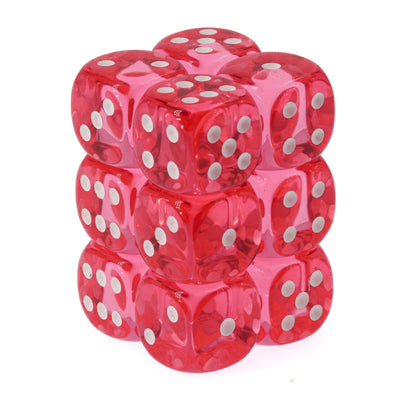 A Chessex translucent 16mm d6 dice block, a 12-piece set of pink dice with white pips, tightly stacked on white