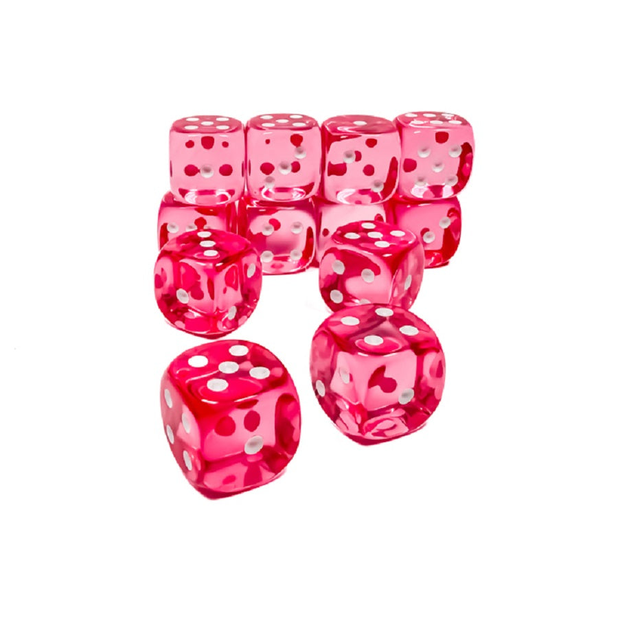 A set of twelve translucent pink Chessex 16mm d6 dice featuring white pips, loosely piled together on a plain white surface