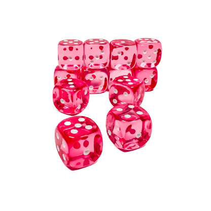 A set of twelve translucent pink Chessex 16mm d6 dice featuring white pips, loosely piled together on a plain white surface