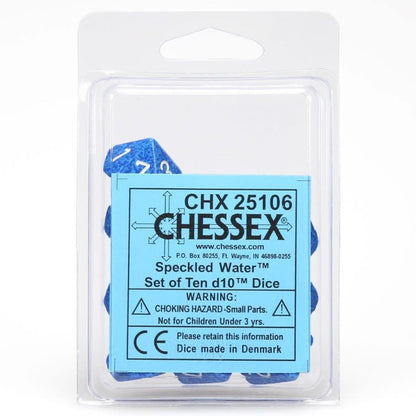 A clear plastic package contains a blue Speckled Water d10 dice 10-piece set with an informational label