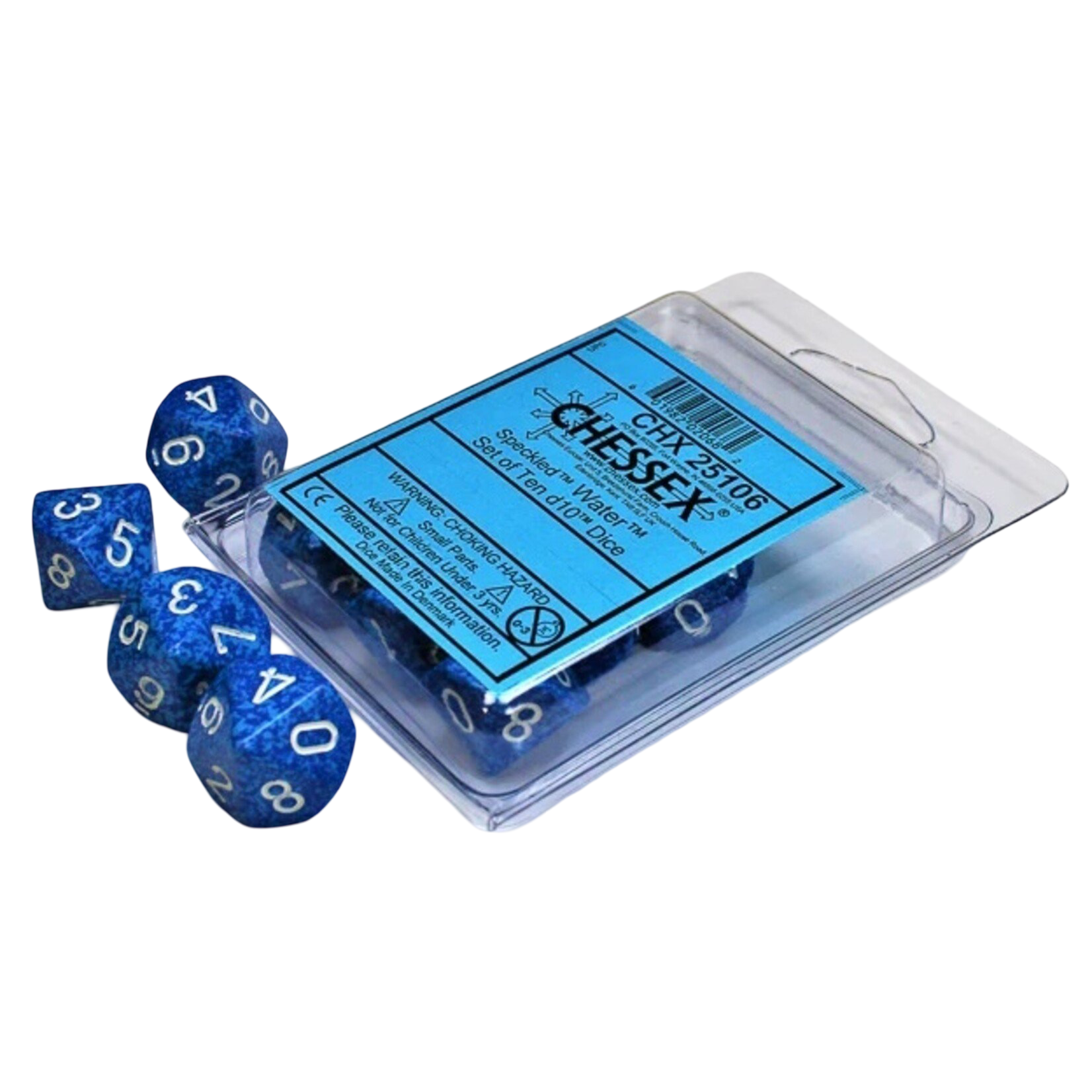 A clear plastic case holds several blue speckled d10 dice, with a few more blue speckled d10 dice scattered next to it