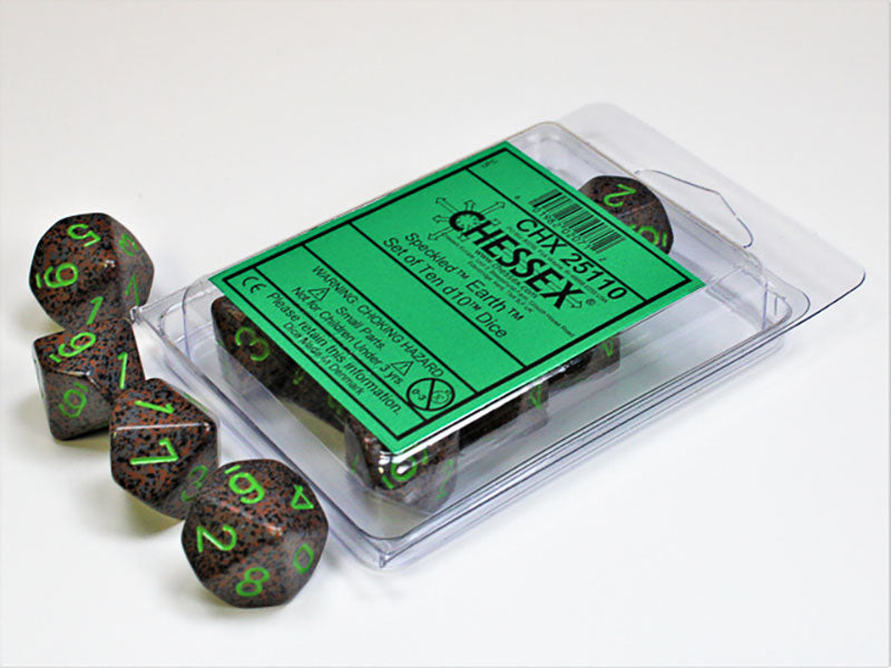 Brown and green speckled d10 dice, some loose and some in their clear Chessex 'Speckled Earth' packaging on a white surface