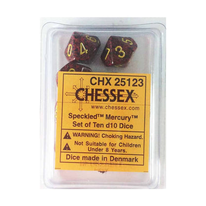 A clear plastic case holds a Chessex Speckled Mercury 10-piece set of red and black d10 dice with gold numbers and a yellow label