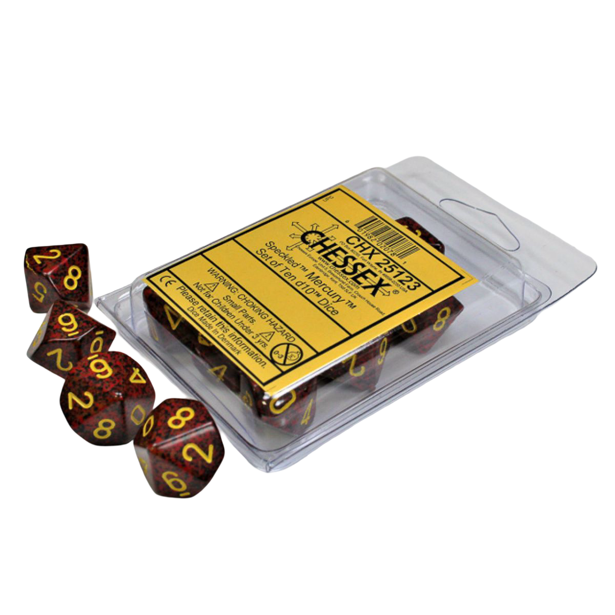 Red Speckled Mercury d10s Dice 10-Piece Set with yellow numbers, some in clear packaging, some scattered
