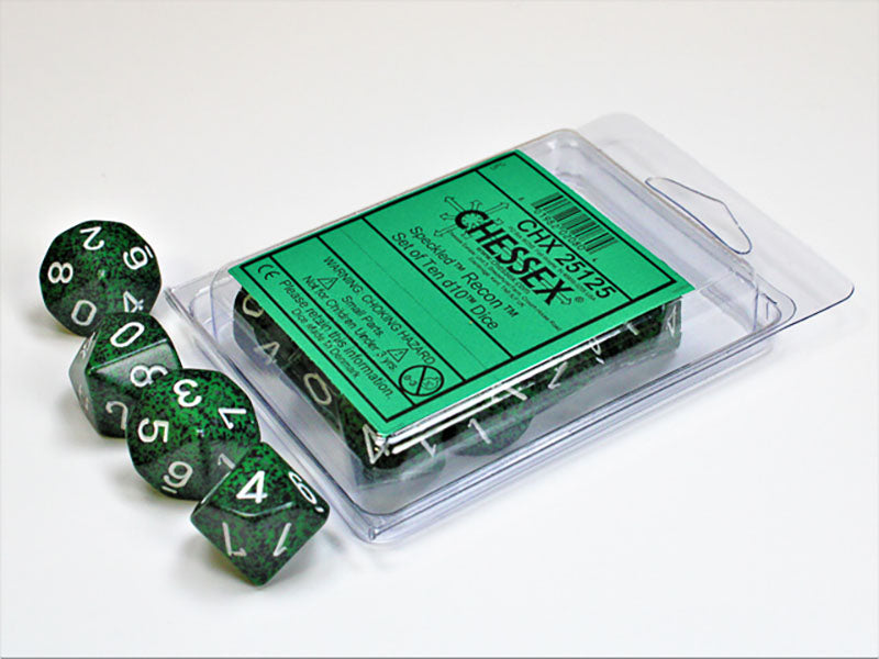 Green speckled d10 dice, some loose and some in their clear Chessex 'Speckled Recon' packaging on a white surface