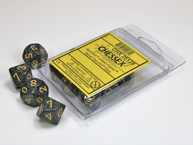 Dark grey speckled d10 dice, some loose and some in their clear Chessex 'Speckled Urban Camo' packaging on a white surface