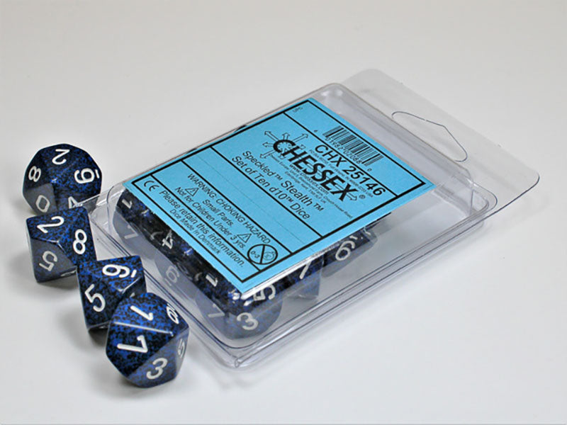 Blue speckled d10 dice, some loose and some in their clear Chessex 'Speckled Stealth' packaging on a white surface