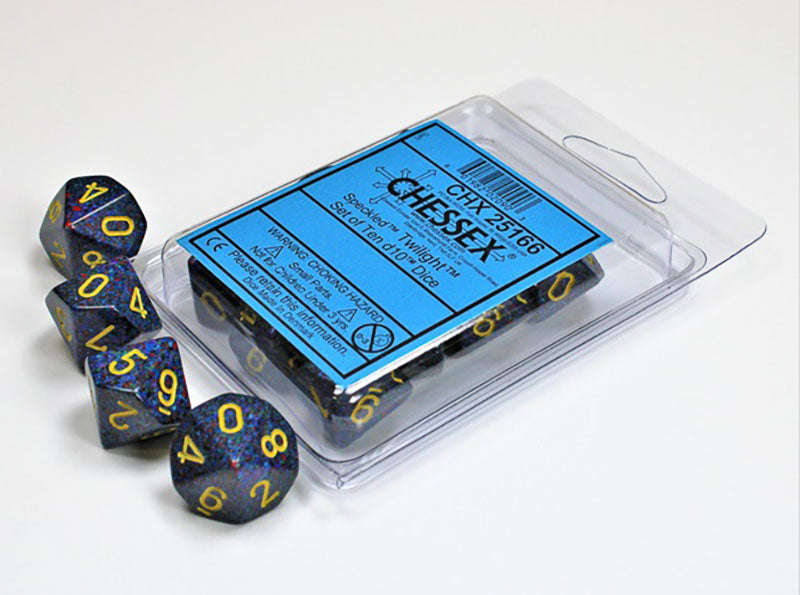 Dark blue speckled d10 dice, some loose and some in their clear Chessex 'Speckled Twilight' packaging on a white surface