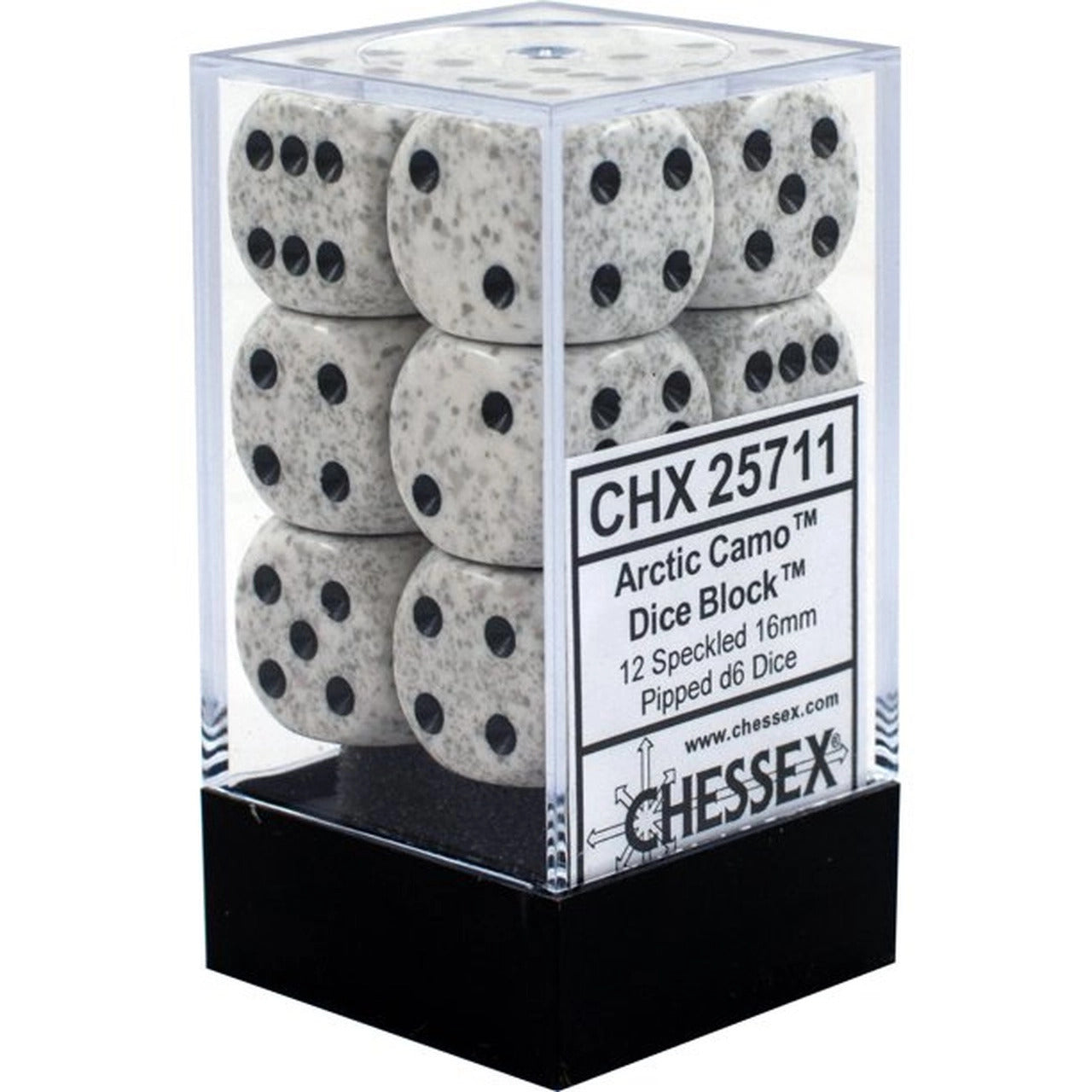 A clear plastic Chessex Dice Block with a black base displays 12 speckled 16mm Arctic Camo d6 dice featuring black pips and a prominent front label