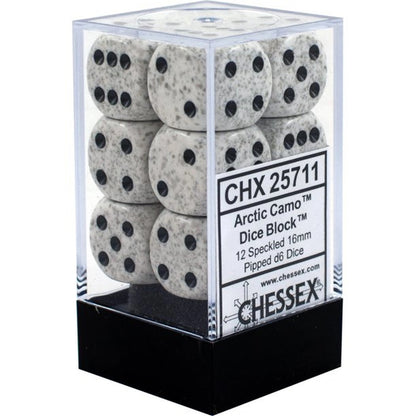 A clear plastic Chessex Dice Block with a black base displays 12 speckled 16mm Arctic Camo d6 dice featuring black pips and a prominent front label