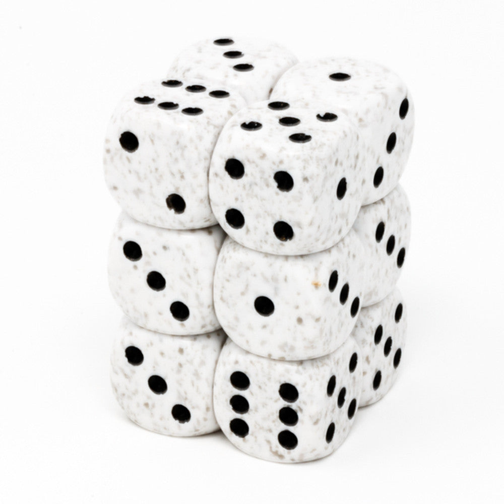 A stack of nine Chessex Arctic Camo 16mm D6 speckled white dice from a 12-piece set featuring black pips arranged on a plain white background