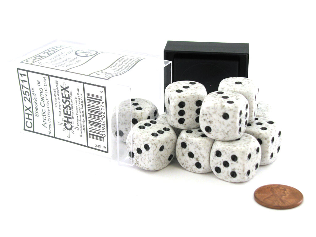 A dozen Chessex Speckled 16mm D6 Arctic Camo dice, white with black pips, spilling from their clear case with a black lid, a penny for scale