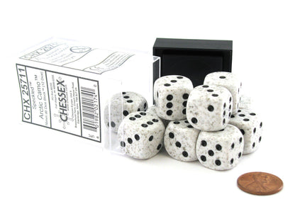 A dozen Chessex Speckled 16mm D6 Arctic Camo dice, white with black pips, spilling from their clear case with a black lid, a penny for scale