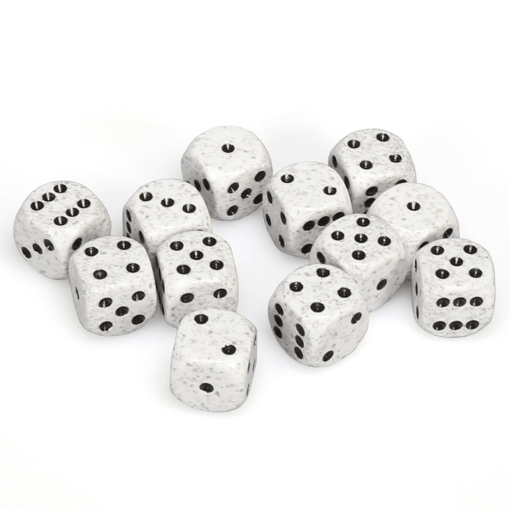 Twelve 16mm Chessex D6 dice featuring a speckled Arctic Camo pattern with black pips are scattered on a white background