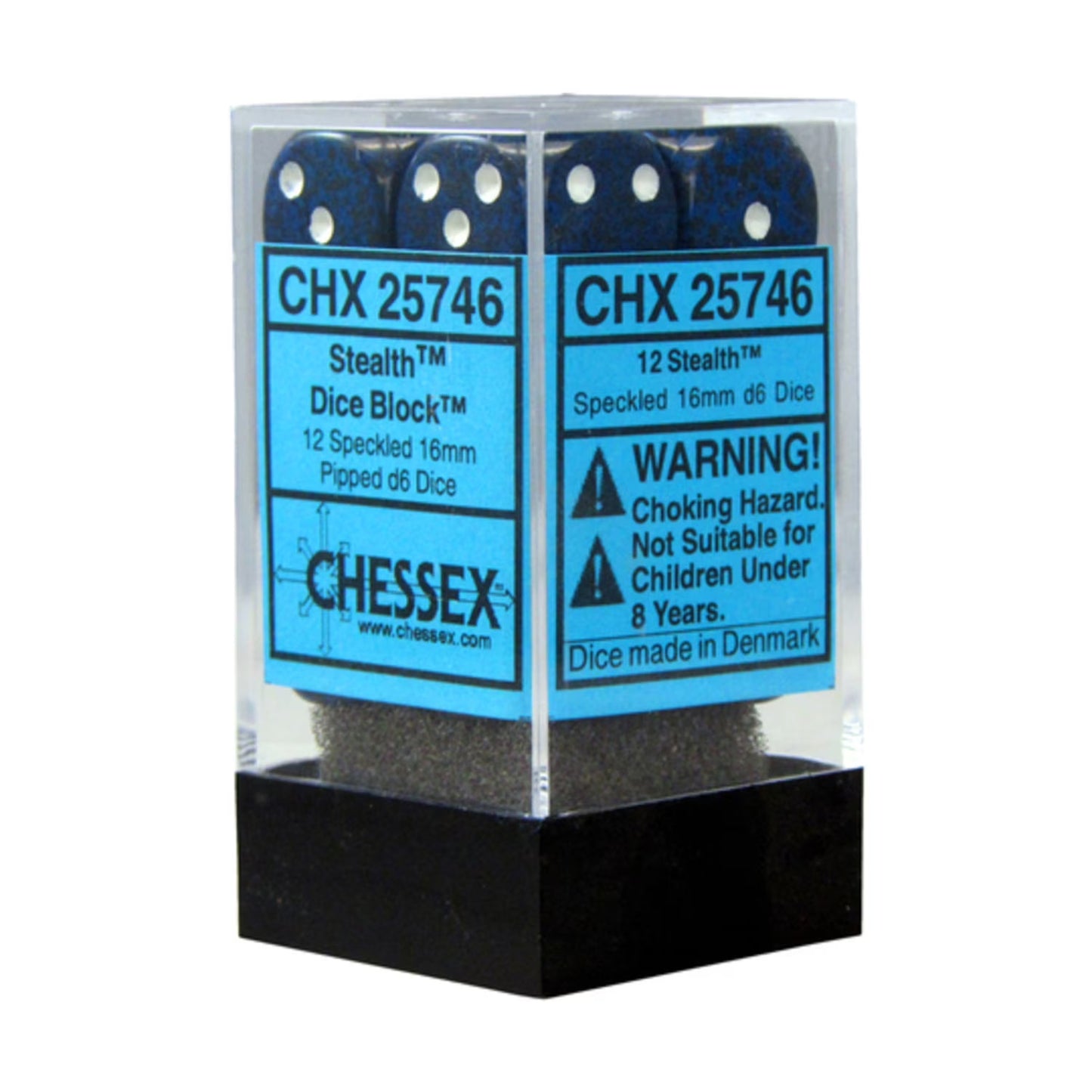 The Chessix CHX 25746 Stealth Dice Block holds twelve speckled dark blue 16mm d6 dice inside a clear plastic container with informational labels