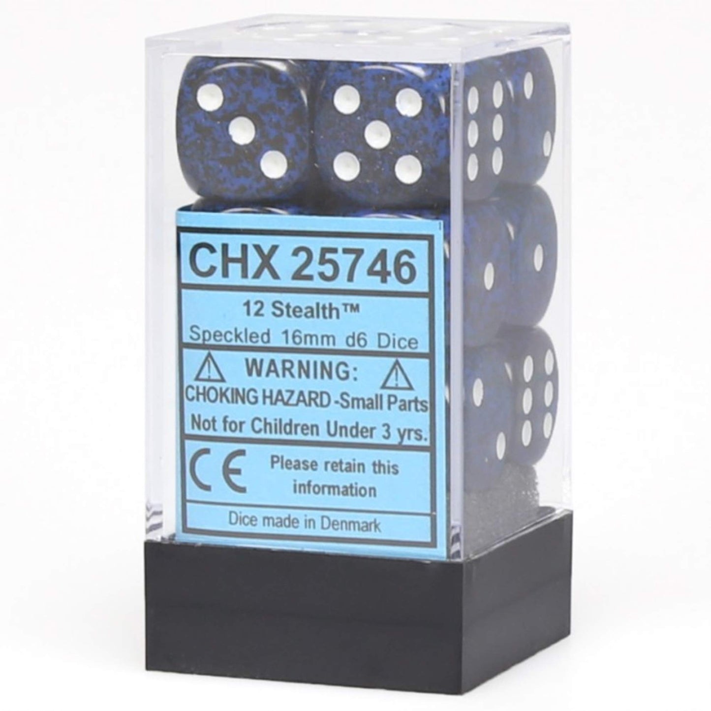 A Chessex Speckled Stealth 12-piece set of 16mm D6 dice, contained within a clear block with a black base, featuring deep blue dice covered in white speckles and white pips