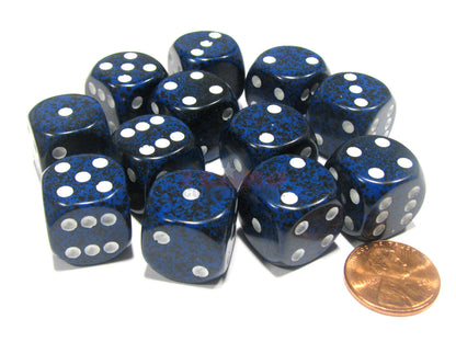 Twelve 16mm six-sided dice in a dark blue speckled pattern with bright white pips are shown on a white surface, resting near a copper penny