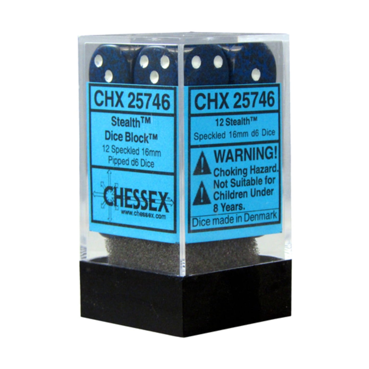 A Chessex Stealth 12-piece block of dark blue speckled 16mm d6 dice displayed within a clear plastic case with a black base and prominent blue product labels