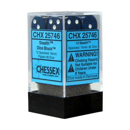 A Chessex Stealth 12-piece block of dark blue speckled 16mm d6 dice displayed within a clear plastic case with a black base and prominent blue product labels