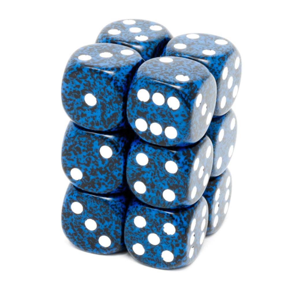 A block of twelve Chessex Speckled Stealth 16mm D6 dice with a distinctive blue and black pattern and white pips is displayed