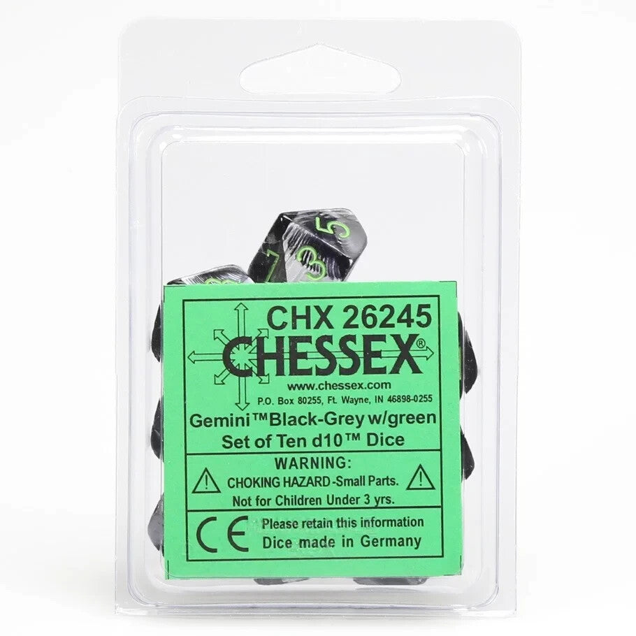 A clear package contains a set of ten Gemini black and grey d10 dice with vivid green numbers