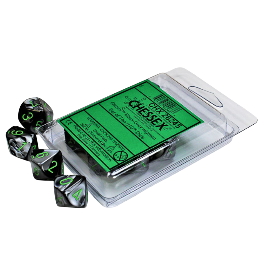 A clear package holds a Chessex Gemini d10 Dice 10-Piece Set in black-grey with green numbers, with several dice outside