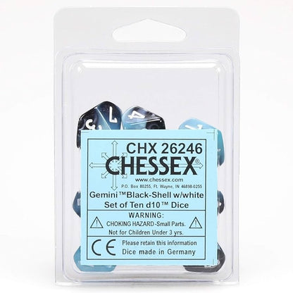 A clear plastic pack contains ten Chessex Gemini d10 dice with black and light blue swirl and white numbers, along with a light blue product label