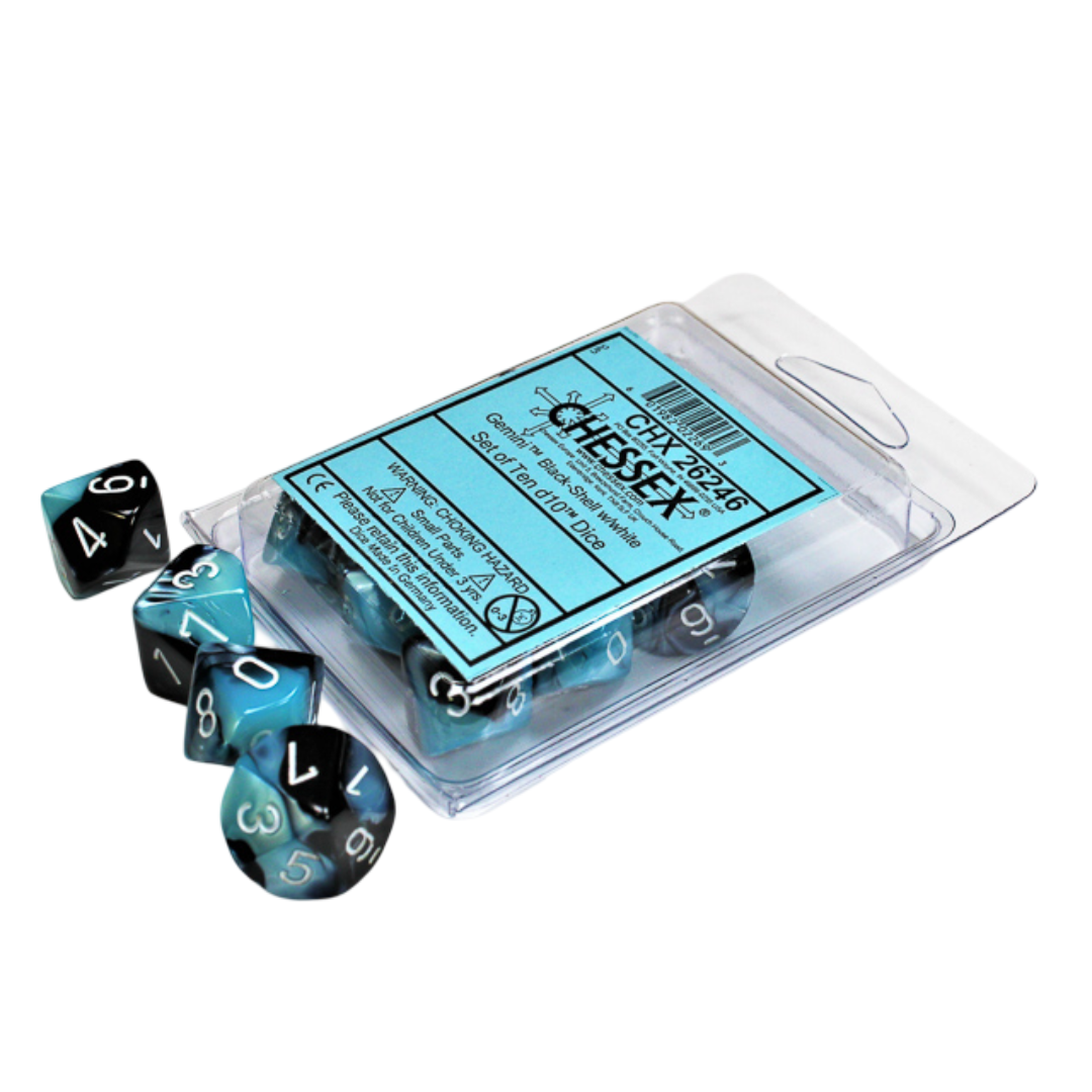 A clear plastic package contains a set of ten-sided Gemini dice in black, white, and blue swirls, with some dice scattered outside