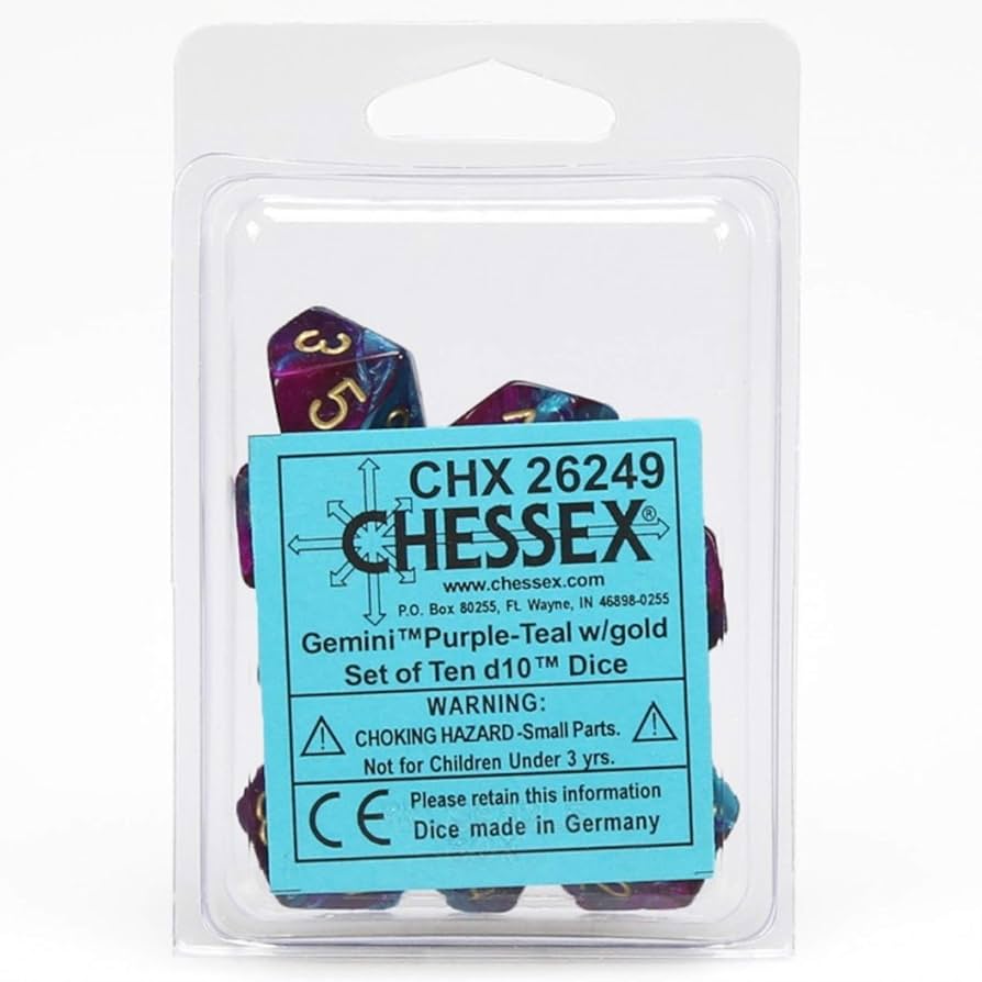 A clear package holds ten d10 Gemini Purple-Teal with gold dice, with a blue product label visible on the front