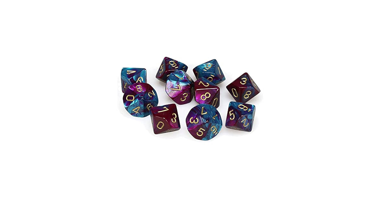 A Gemini d10 Dice 10-Piece Set of ten purple and teal swirled dice with gold numbers scattered on a white background