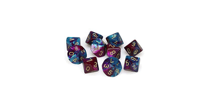 A Gemini d10 Dice 10-Piece Set of ten purple and teal swirled dice with gold numbers scattered on a white background