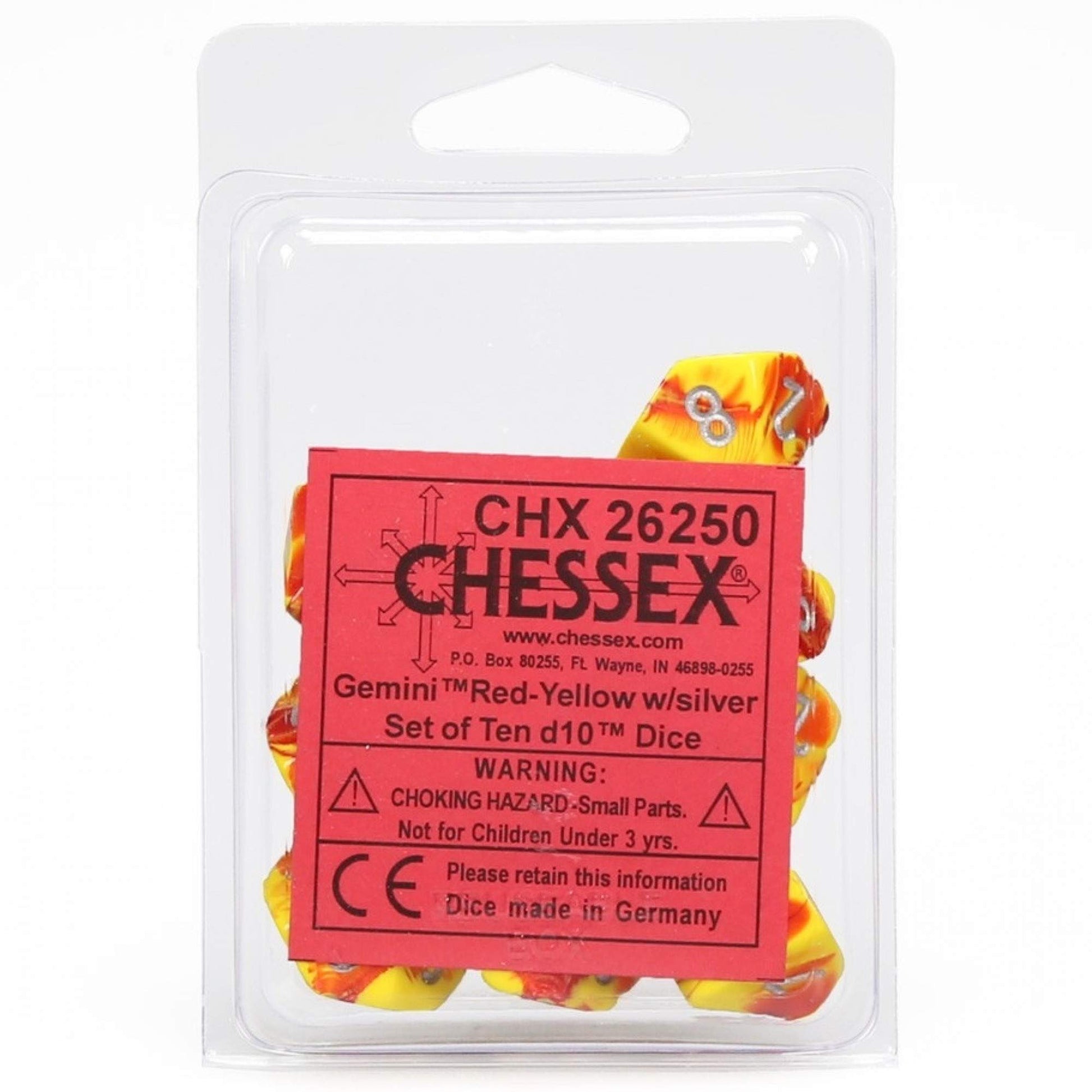 A clear package holds ten Chessex Gemini red-yellow d10 dice with silver numbering, partially obscured by a red informational label