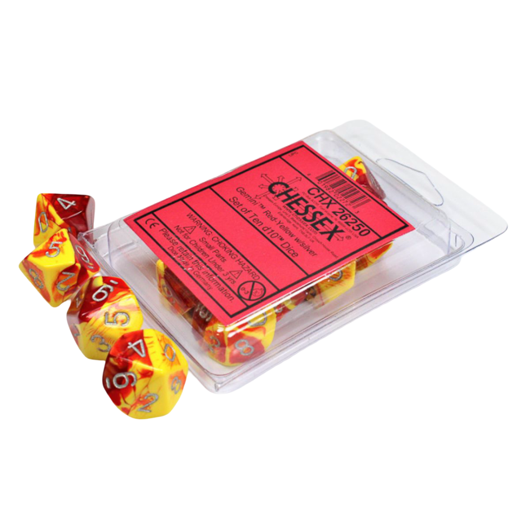 Ten red and yellow swirled d10 dice with silver numbers, some packaged in a clear blister pack and others scattered on a white surface