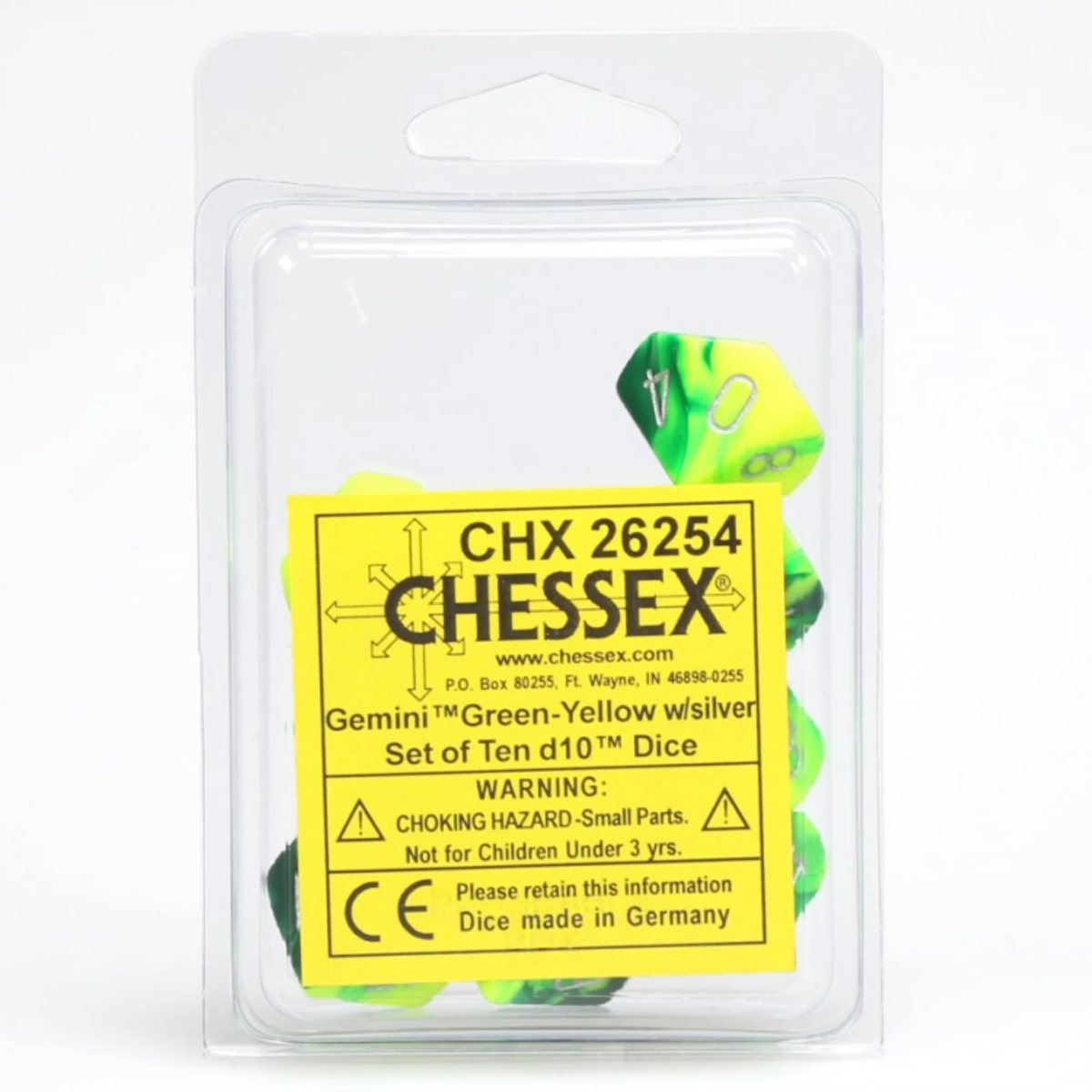 A clear plastic package holds ten green and yellow swirled d10 dice with silver numbering, with a yellow product label visible