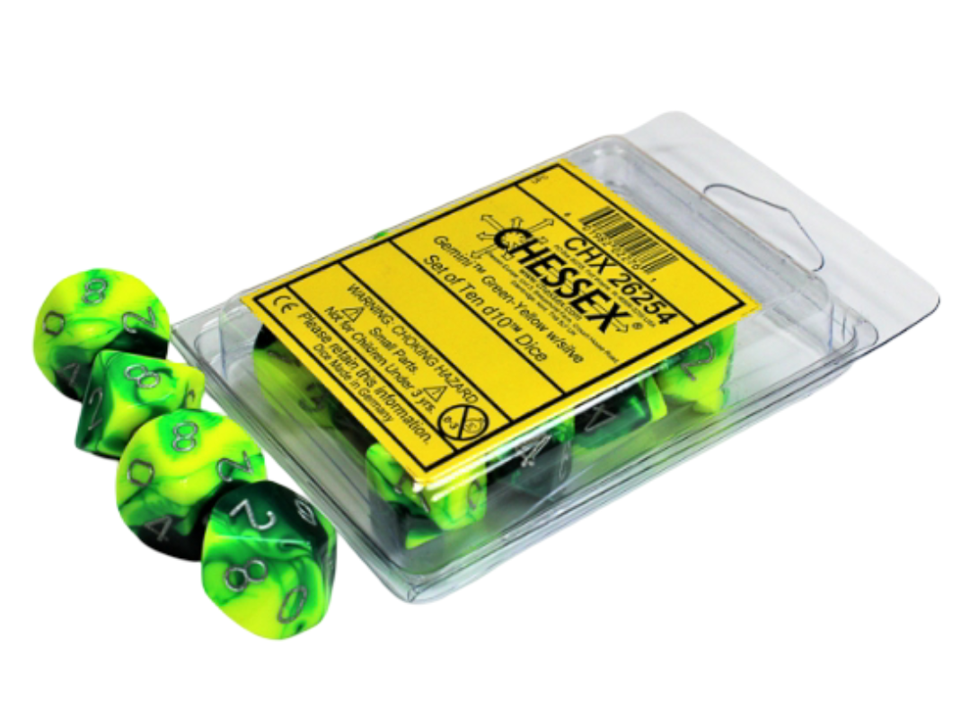A clear plastic package holds Gemini green and yellow marbled d10 dice next to five loose matching dice with silver numbers