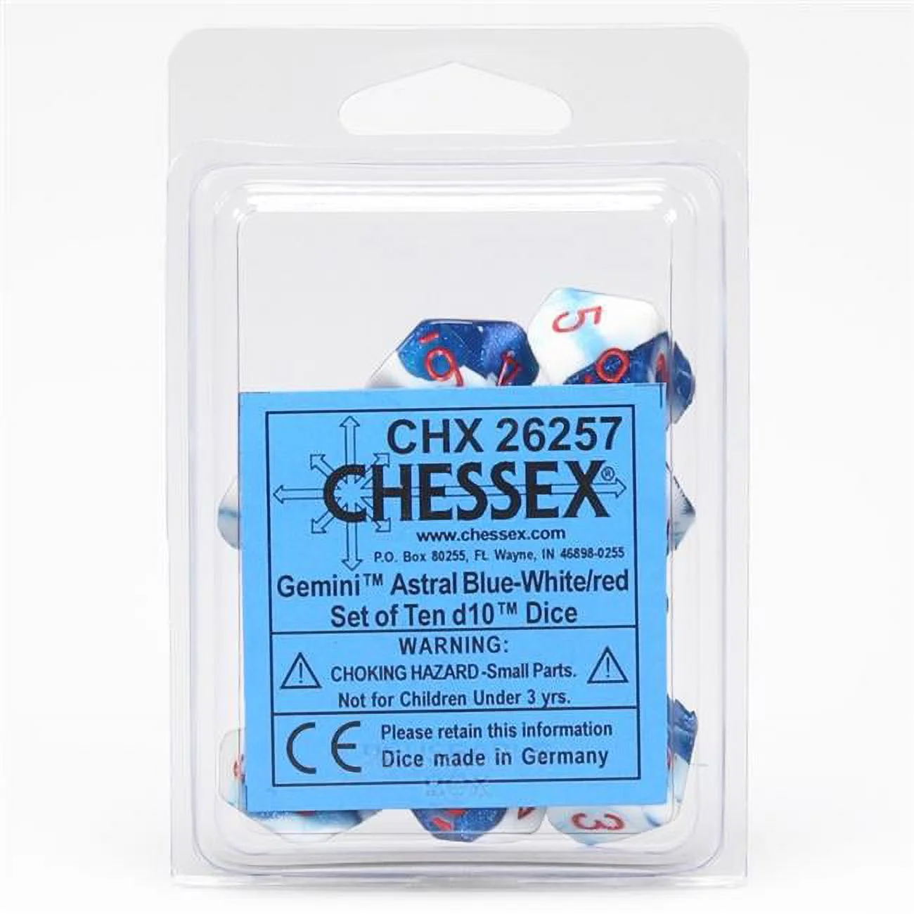 A clear package holds a Gemini d10 Dice 10-Piece Set, featuring speckled blue, white, and red dice with a blue label on the front